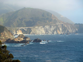 View of sea against mountain range