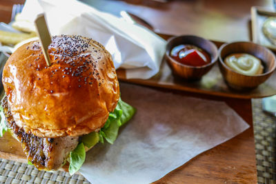 Close-up of burger on table