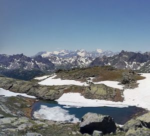 Scenic view of snowcapped mountains against clear blue sky