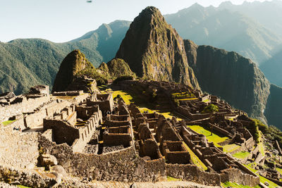 High angle view of townscape against mountain