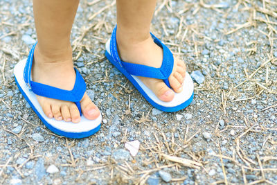 Low section of woman standing on pebbles