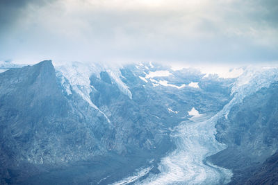Aerial view of snowcapped mountains against sky