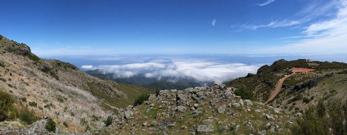 Panoramic view of landscape against blue sky