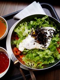 High angle view of salad in bowl on table