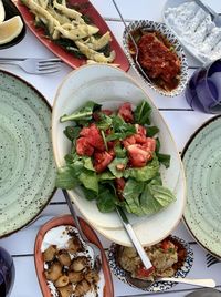 High angle view of meal served on table