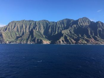 Scenic view of sea and mountains against clear blue sky