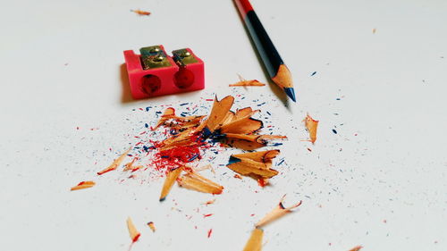 High angle view of multi colored pencils on table