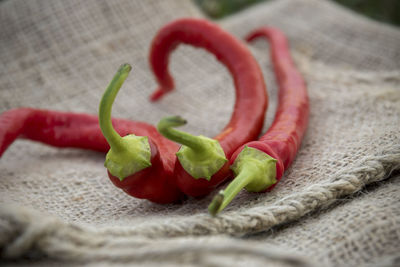 Close-up of red chili peppers on table