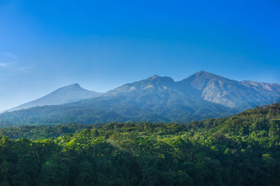 Scenic view of mountains against blue sky