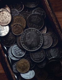 High angle view of coins on table