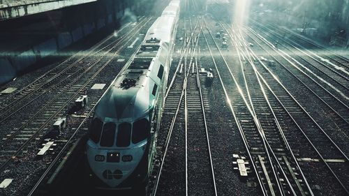 High angle view of train in city