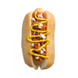 High angle view of hot dog against white background