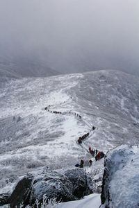 High angle view of people on snow covered landscape