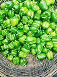 High angle view of green bell peppers in wicker basket for sale