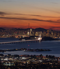 Sunset view of the bay bridge leading into the san francisco skyline