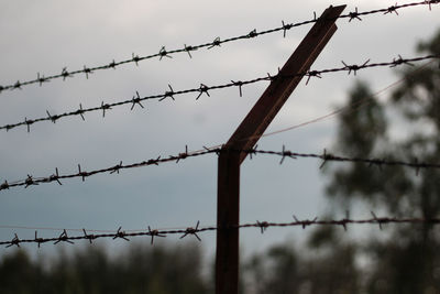 Low angle view of barbed wire against sky