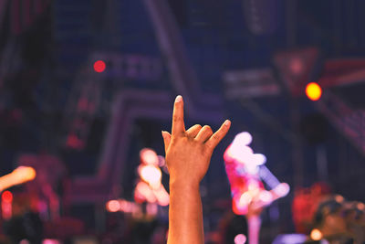 Cropped hand gesturing horn sign in illuminated music concert at night