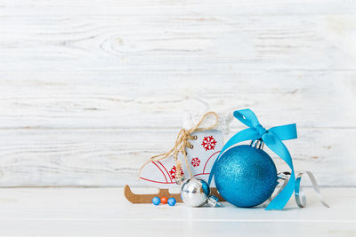 Close-up of christmas decorations on table