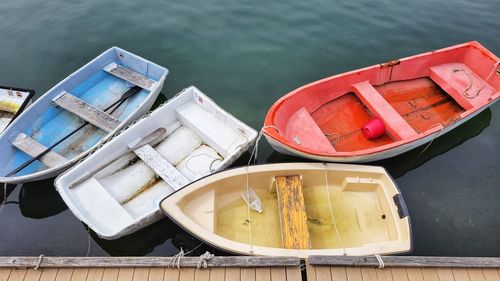 High angle view of boats moored in lake