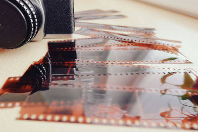 Close-up of camera on table