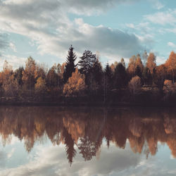 Reflection of trees in lake against sky