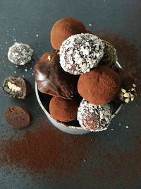 High angle view of chocolate cake on table