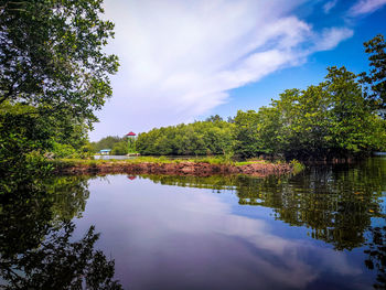 Reflection of trees in lake against sky