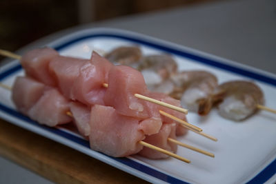 High angle view of seafood in plate on table