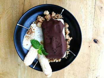 High angle view of breakfast in plate on table