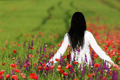 Rear view of woman with arms outstretched standing amidst poppy flowers