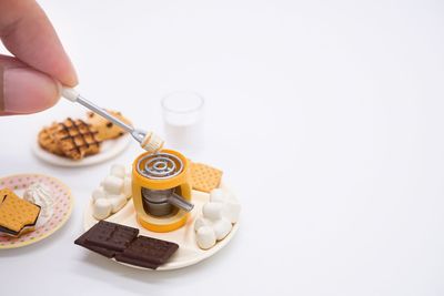 Midsection of person holding ice cream against white background