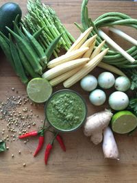 High angle view of chopped vegetables on table