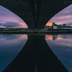 Bridge over river against sky at sunset