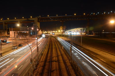 High angle view of light trails on street at night