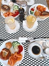 High angle view of breakfast served on table