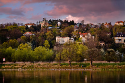 Scenic view of river by trees against sky