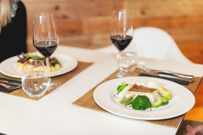 Close-up of served food on table