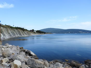 Scenic view of bay against sky