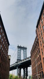 Low angle view of bridge and buildings against sky