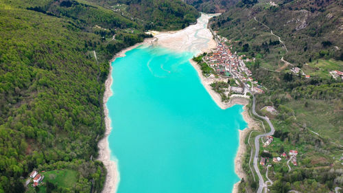 Barcis lake in a panoramic aerial view at valcellina-pordenone,place to visit on dolomites