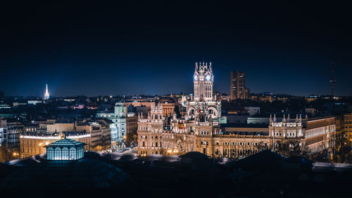 Illuminated buildings in city at night