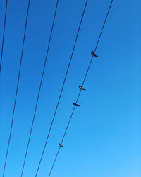 Low angle view of power lines against clear blue sky