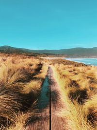 Scenic view of land against clear blue sky