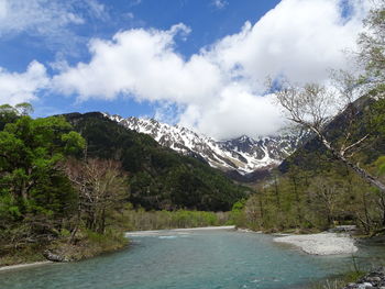 Scenic view of mountains against cloudy sky