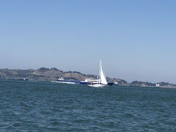 Sailboat sailing on sea against clear sky