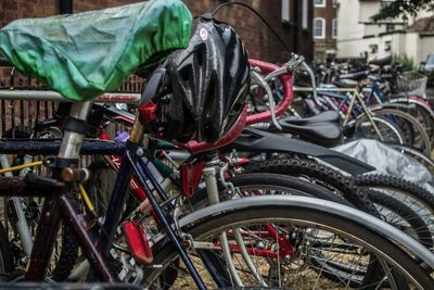 Close-up of bicycles in parking lot