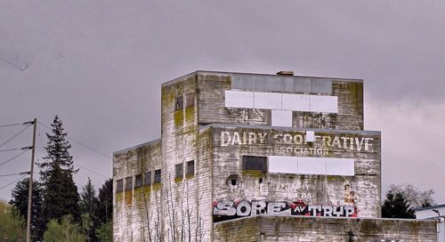 Low angle view of text on building against sky