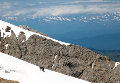 People on snowcapped mountain against sky