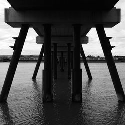 Interior of pier over sea against sky