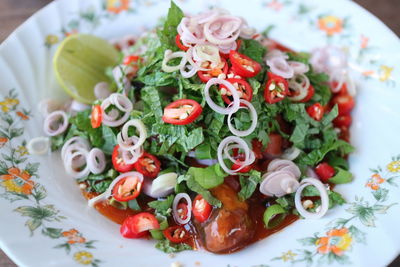 High angle view of food served in plate